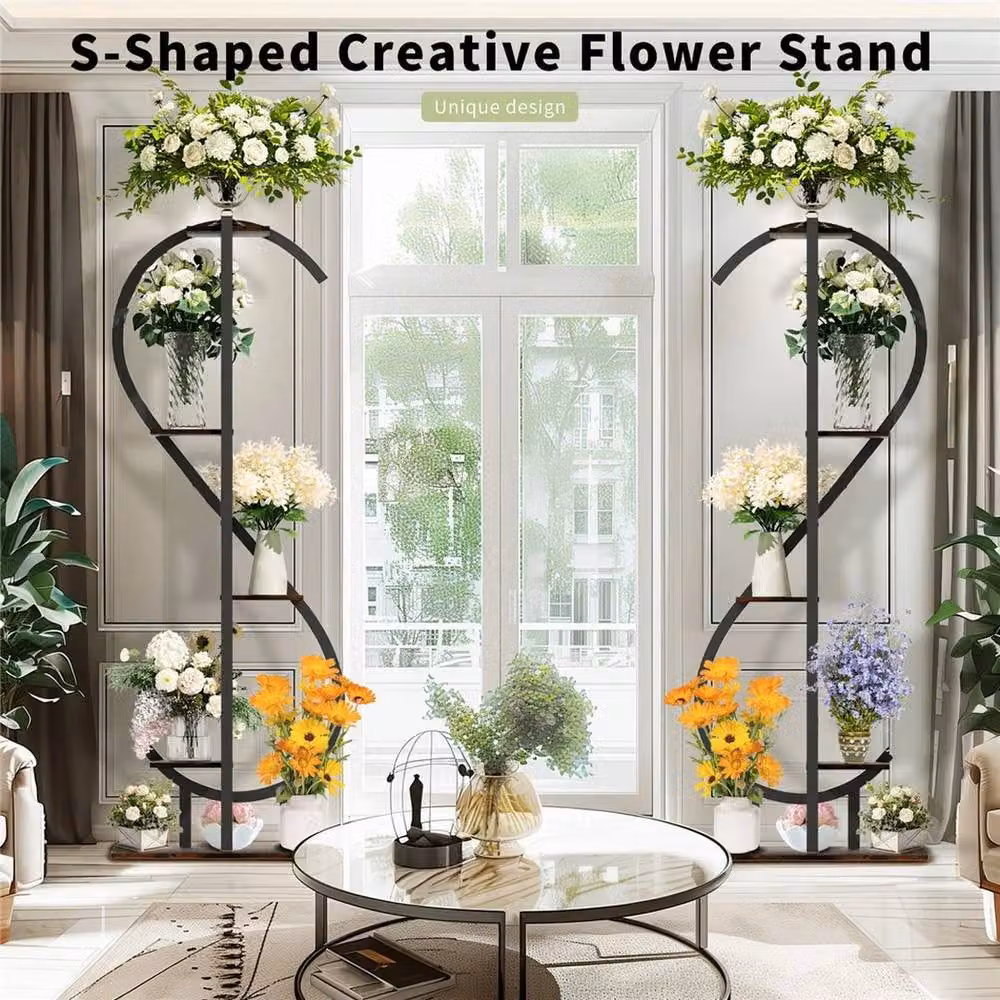 Kelvenix 5-Tier Vertical S-Shaped Plant Stand Corner Flower Holder Shelf in Black – 5
