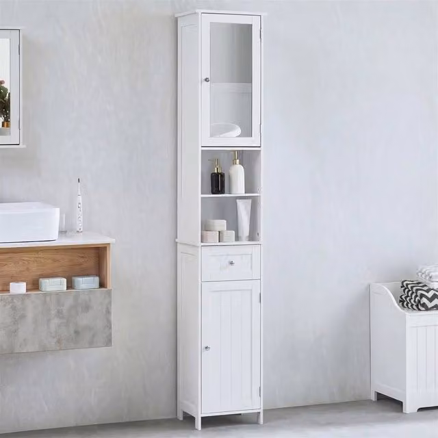FORGEVIO Tall White Bathroom Cabinet with Mirrored Hinged Doors and Internal Shelving – 1