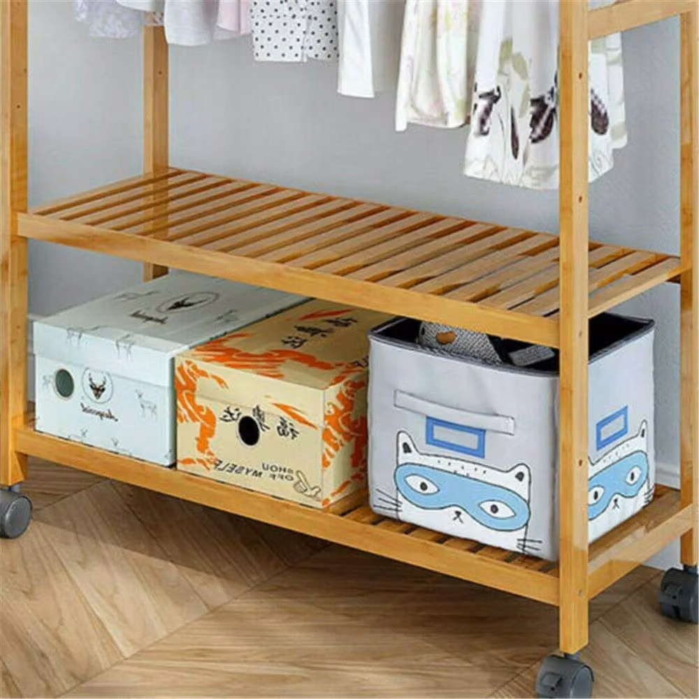 ERGOVEXA Tall Clothes Rail and Garment Hanging Display Stand with Storage Shelf in Natural Bamboo – 2