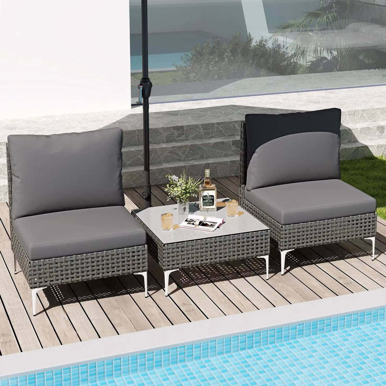 Gymax 3 Piece Grey PE Rattan Patio Bistro Set with Metal Coffee Table – 3