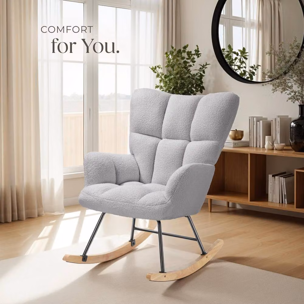 tectake Torve Rocking Chair with Bouclé Fabric and Wooden Runners in Light Grey – 5
