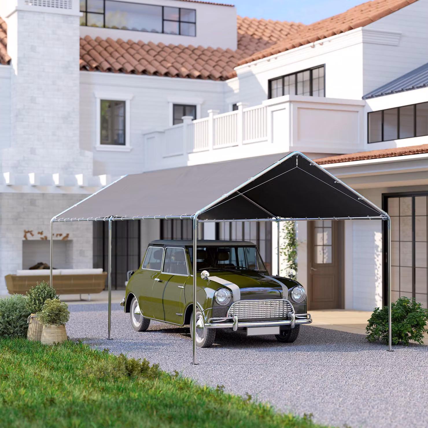 Outsunny Heavy Duty Galvanised Steel Carport Garage Car Shelter in Grey, W: 6 m, D: 3 m, H: 2.6 m – 8