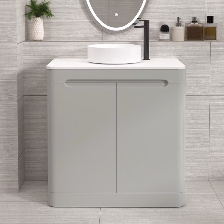 Royal Bathrooms Venice 800mm Floor Standing 2 Door Vanity Unit in Dove Grey with Plain White Worktop and Art Basin