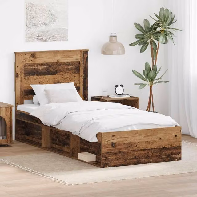 Berkfield Home Modern Bed Frame with Headboard in Brown Old Wood, W/D/H: 90 x 190 cm – 1
