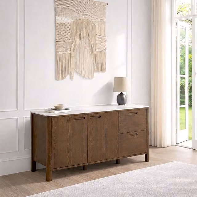 Furniture To Go Southampton Sideboard with 2 Doors, 2 Drawers and 2 Shelves in Beige and Brown Ceramic and Oak Wood