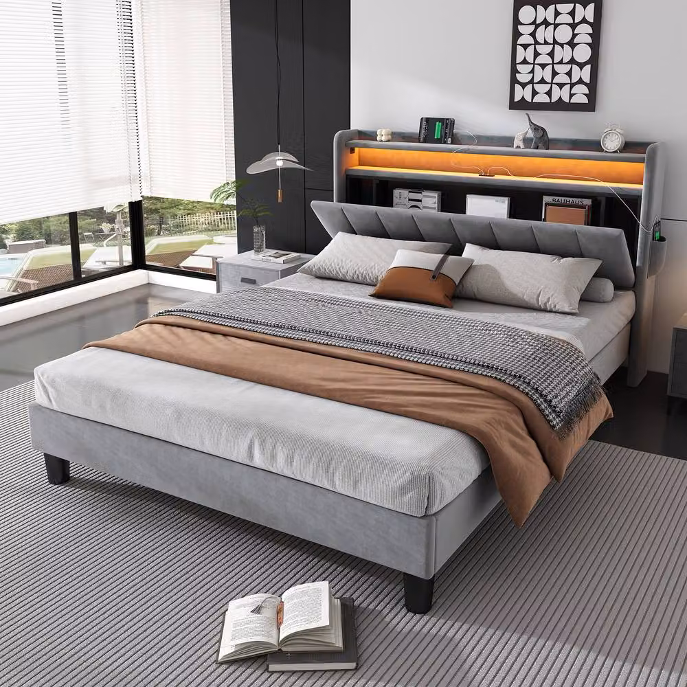 ModernLuxe Grey Velvet Upholstered Double Bed with LED Under-Bed Lighting, USB Charging Port and Storage Headboard, W/D/H: 140 x 190 x 107 cm – 2