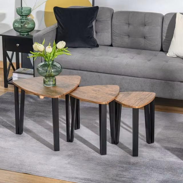 HOMCOM 3 Piece Nested Coffee Table Set in Brown with Industrial Metal and MDF Design