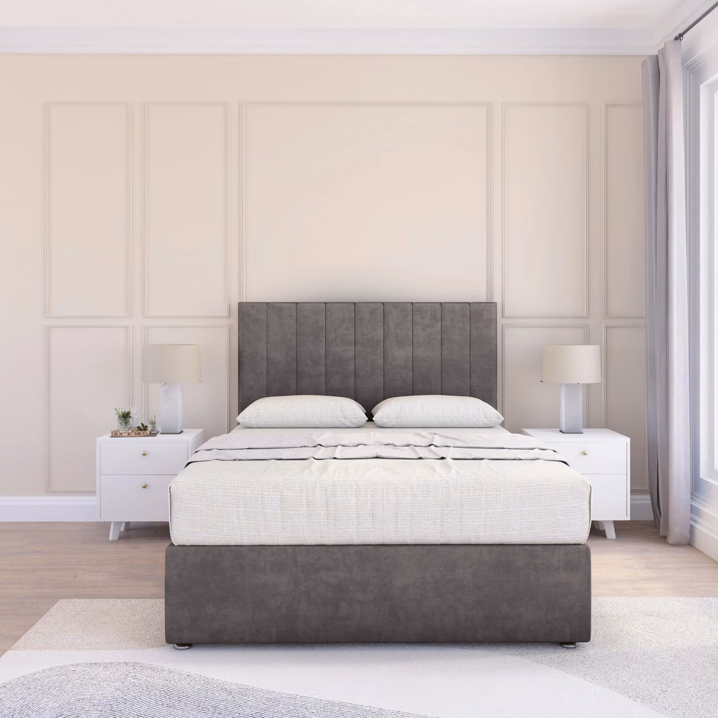 Sloomy Kansas Modern Upholstered Velvet Divan Bed Base and Floor Standing Headboard in Grey, W/D/H: 90 x 200 cm