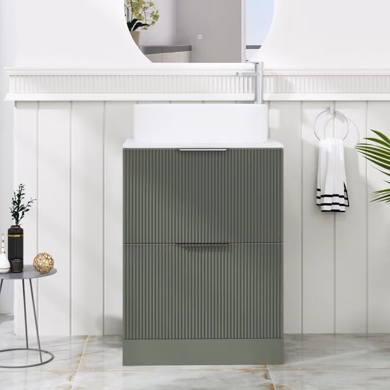 Royal Bathrooms Evora Sage Green Fluted Floor Standing Bathroom Vanity Unit with 2 Drawers and Peak Basin, Width: 60 cm