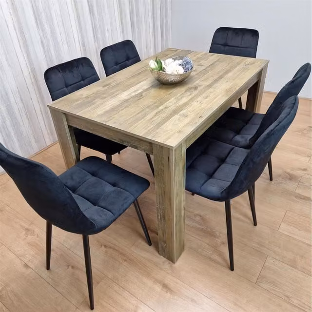 Kosy Koala Rustic Effect Wood Dining Table Set with 6 Velvet Chairs in Black
