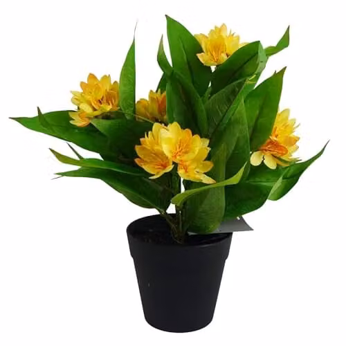 Leaf Yellow Artificial Freesia Flowering Houseplant in a Potted Tabletop Design, Height: 18 cm