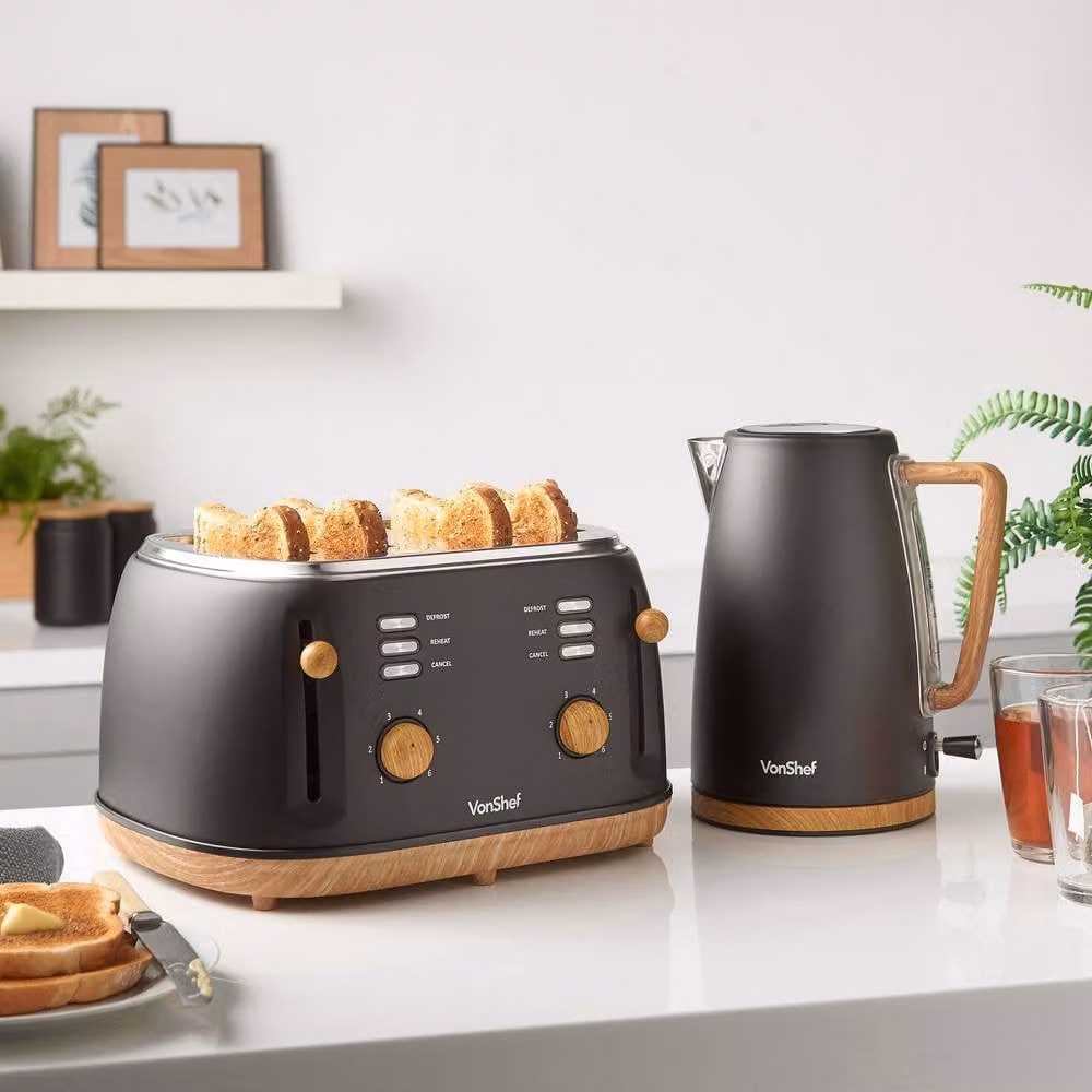 VonShef Fika Kitchen Appliance Set in Black featuring 1.7L Kettle, 4 Slice Toaster and 20L Microwave – 1