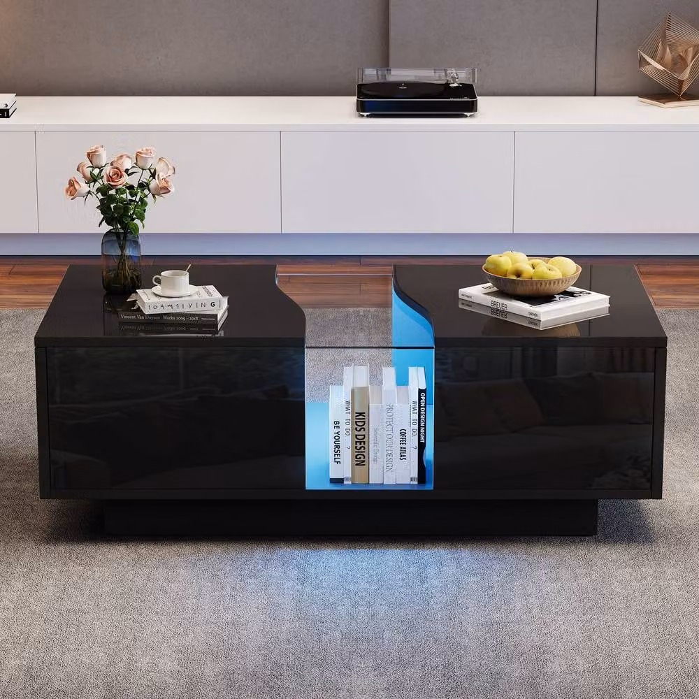 STILVORA Modern Glossy Black Coffee Table with 2 Drawers and LED Lights – 1