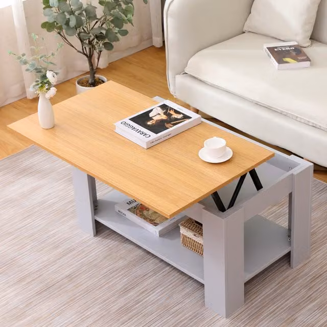HMD Grey Modern Rectangular Lift-Up Top Coffee Table with Storage Shelf