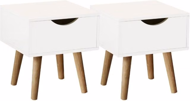 Home Source White Modern Bedside Cabinet with One Drawer and Oak Wooden Legs, W/D/H: 30.0 x 32.5 x 30.0 cm – 1