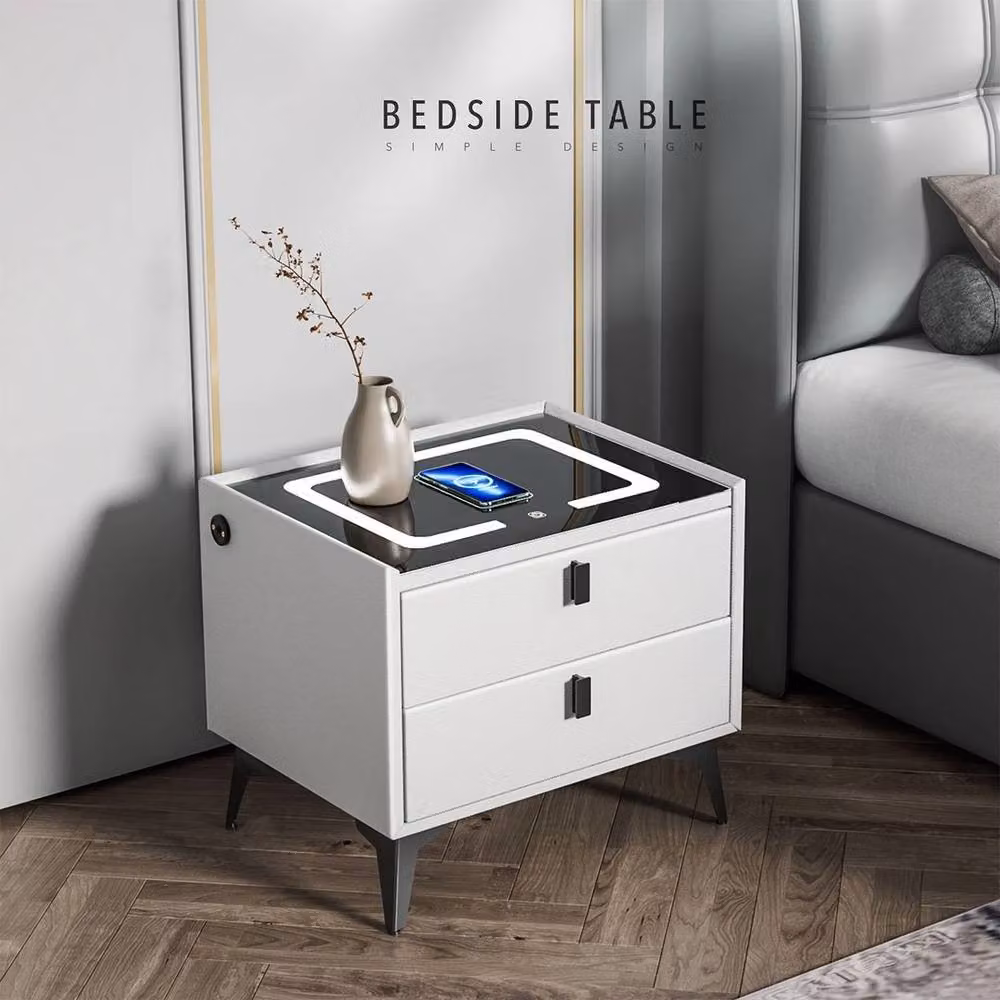 VOGREX Modern White Glossy LED Bedside Table with Integrated Lighting and 2 Drawers W: 100 cm, H: 80 cm – 5