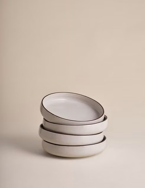 M&S Michigan Rim Ceramic Pasta Bowls, Set of 4, White and Beige
