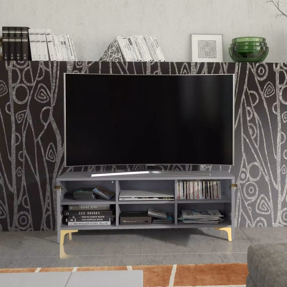 FORGEVIO Modern Grey Fluted TV Unit with Gold Metal Legs – 3