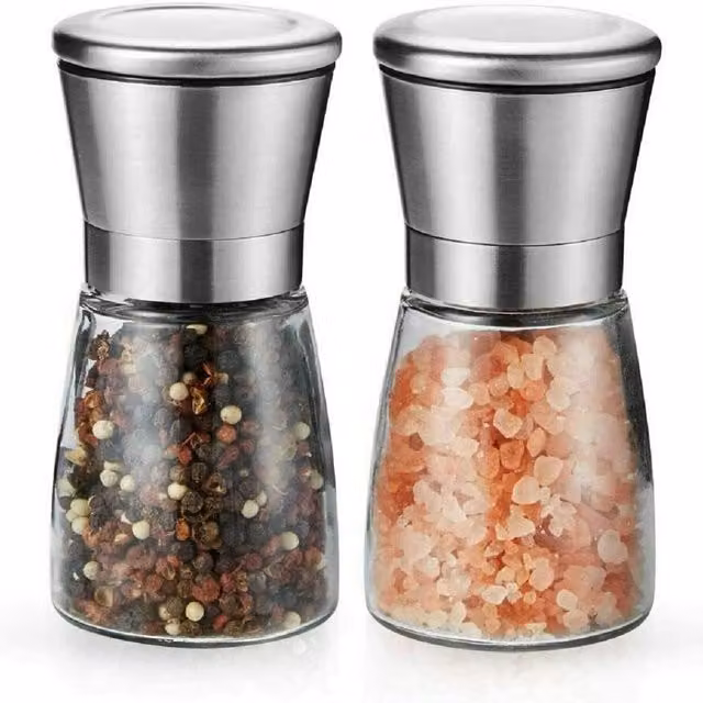 MantraRaj Salt and Pepper Grinder Set in Silver Stainless Steel and Glass with Ceramic Blades