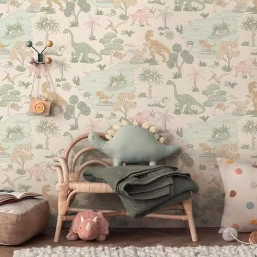 Holden Decor Storybook Dino Zoo Dinosaur Themed Wallpaper in Pink and Sage Green for Childrens Bedrooms and Nurseries – 2