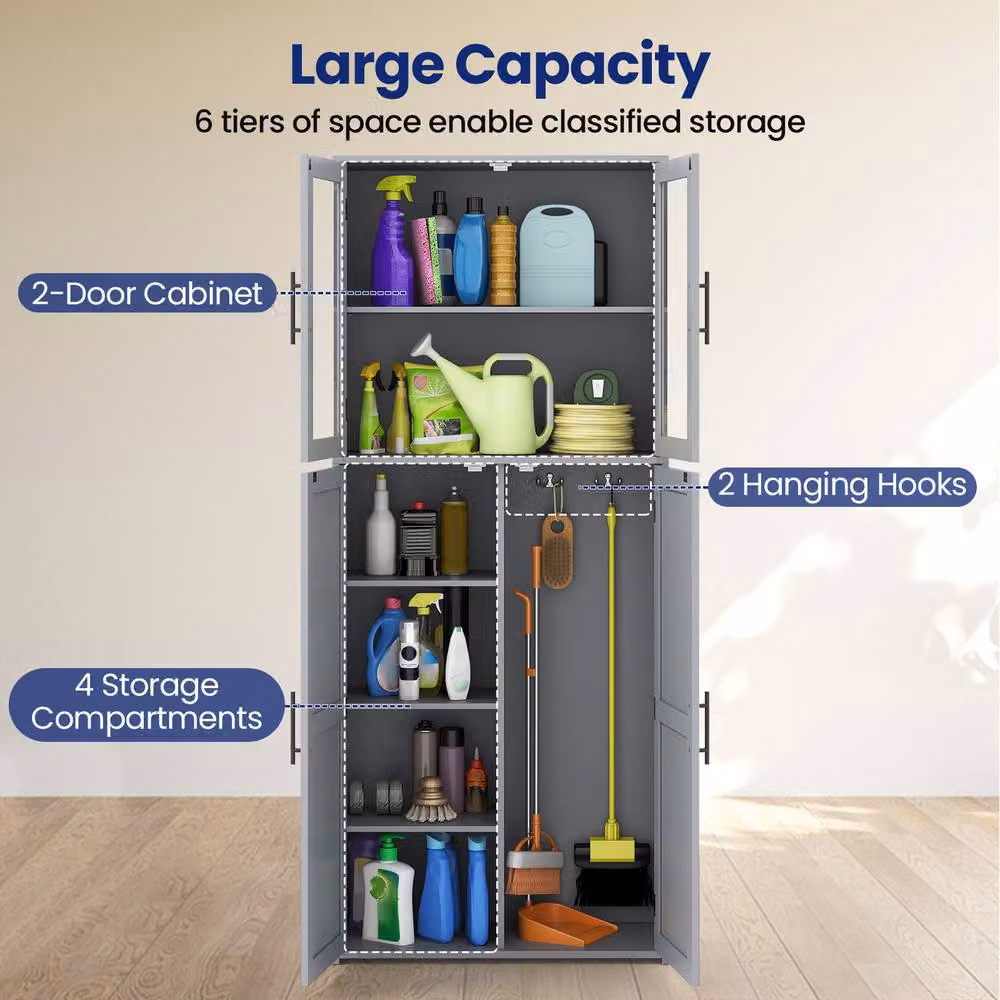 Costway Grey Freestanding Metal Cleaning Tool Cabinet with Hinged Doors and Internal Shelves – 5