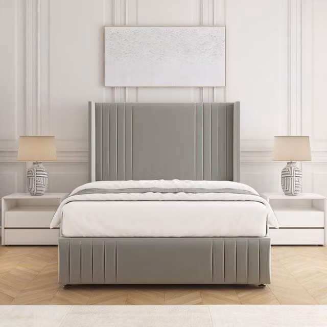 BSSPOKE Peyton Divan Bed Set with 54 inch Headboard and Mattress in Silver Plush Velvet, W/D/H: 140 x 200 cm