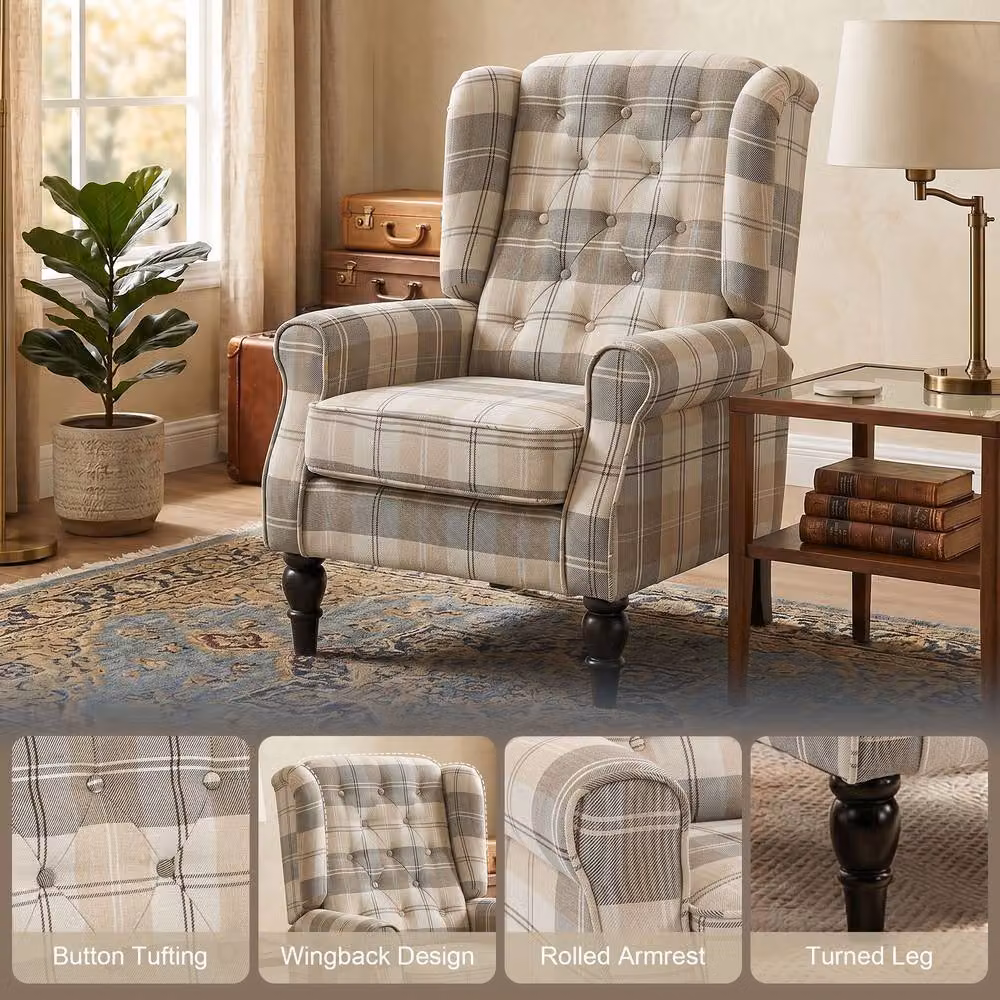 STILVORA Classic Tub Armchair with Tufted Fabric Back and Solid Wood Frame in Beige – 5
