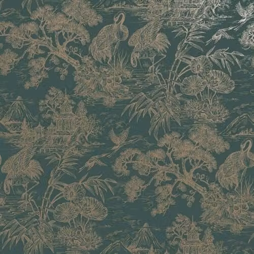 Holden Decor Crane Lagoon Aqua and Gold Oriental Floral Animal Wallpaper