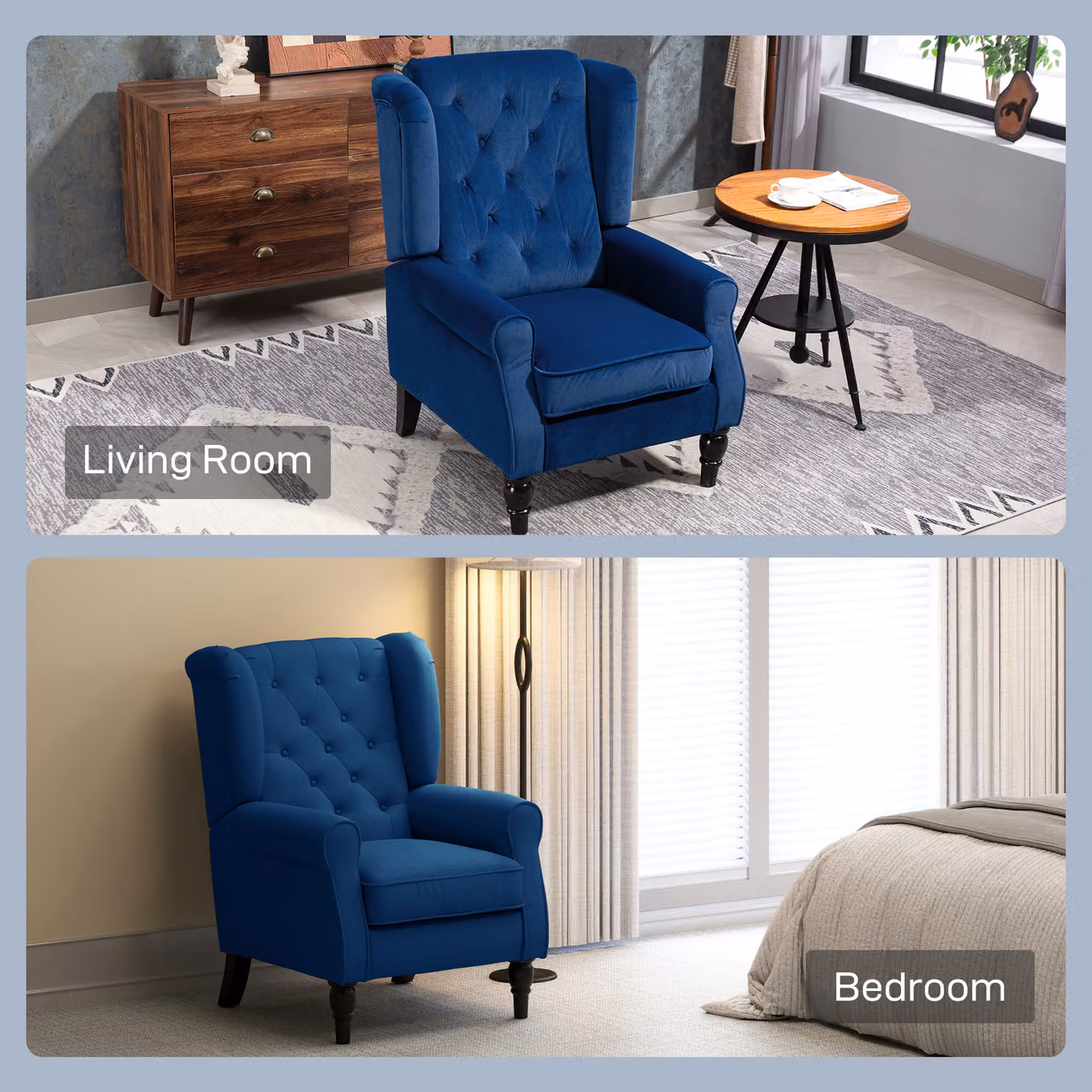 HOMCOM Retro Blue Velvet Wingback Accent Chair with Button Tufting and Solid Wood Frame – 6