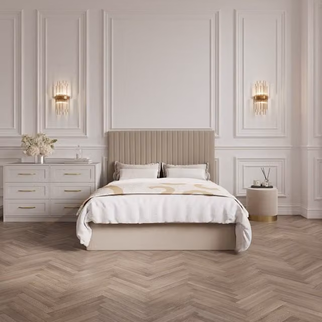 LPD Home Berlin Tall Upholstered Ottoman Bed in Beige and Brown, W/D/H: 200 x 200 cm
