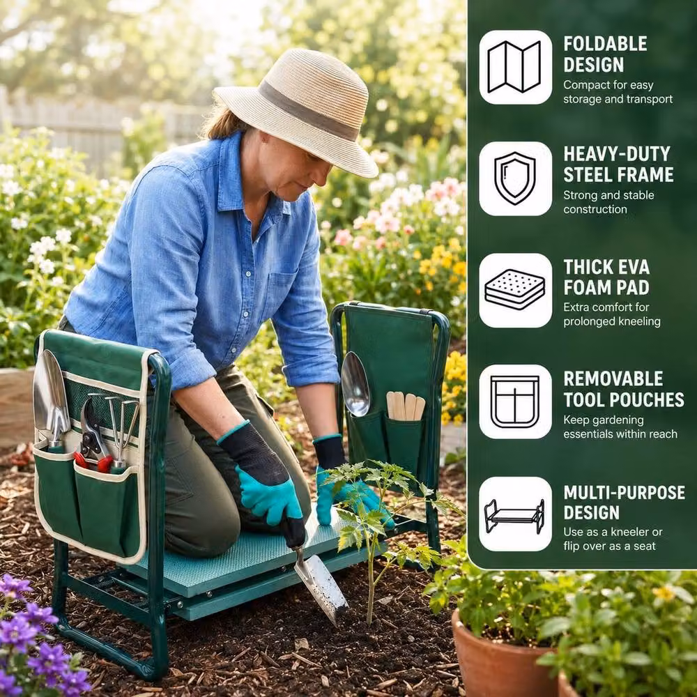 KORVIXA 2-in-1 Folding Padded Garden Kneeler and Seat with Tool Bag in Green – 3