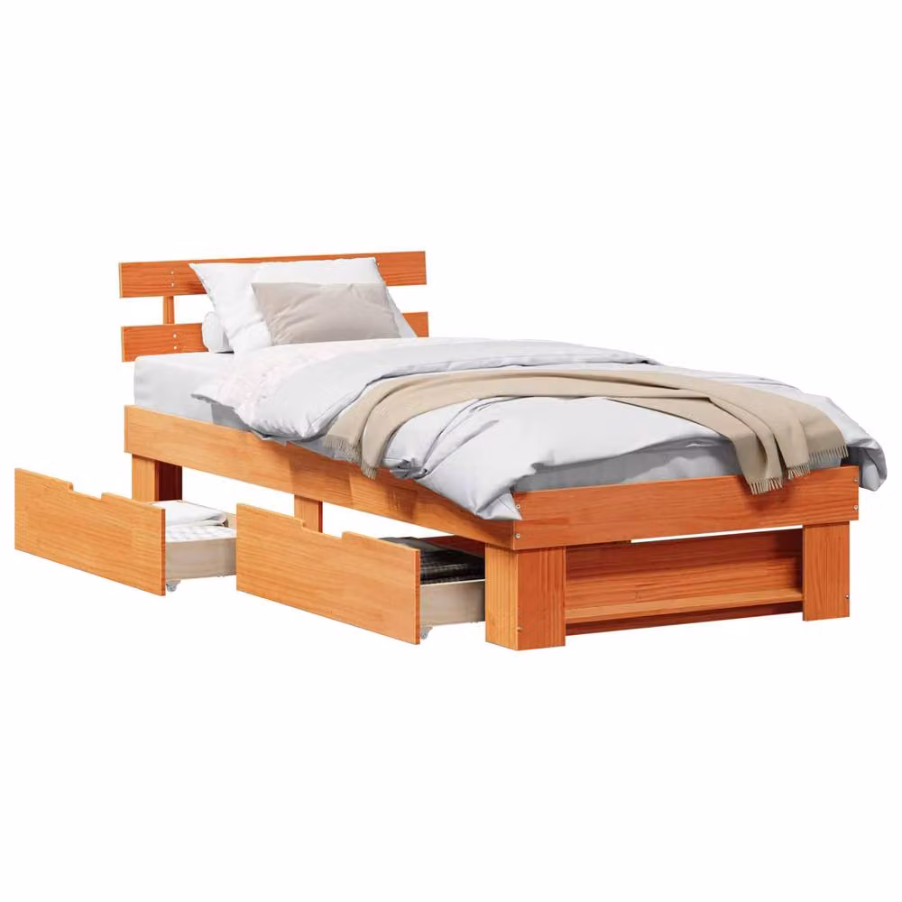 Berkfield Home Solid Pine Wood Bed Frame with Headboard in Wax Brown, W/D/H: 90 x 200 cm – 2