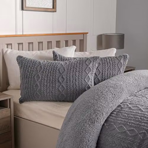 OHS King Size Cable Knit Fleece Duvet Cover Set with Pillowcases, Reversible Grey Thermal Winter Bedding, Duvet Cover 180 x 200 cm, Pillowcases 50 x 75 cm – 1