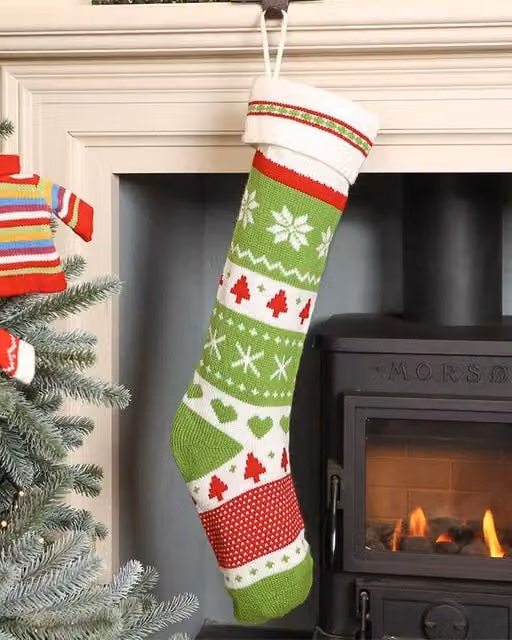 Dibor Set of 4 Traditional Green Fair Isle Christmas Tree Gift Bags and Stockings