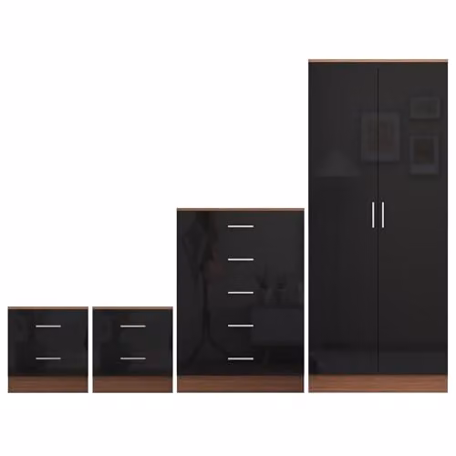 Reflect Modern Bedroom Furniture Set in Black Gloss and Walnut Finish featuring 2 Door Wardrobe, 5 Drawer Tallboy Chest and 2 Bedside Tables – 3