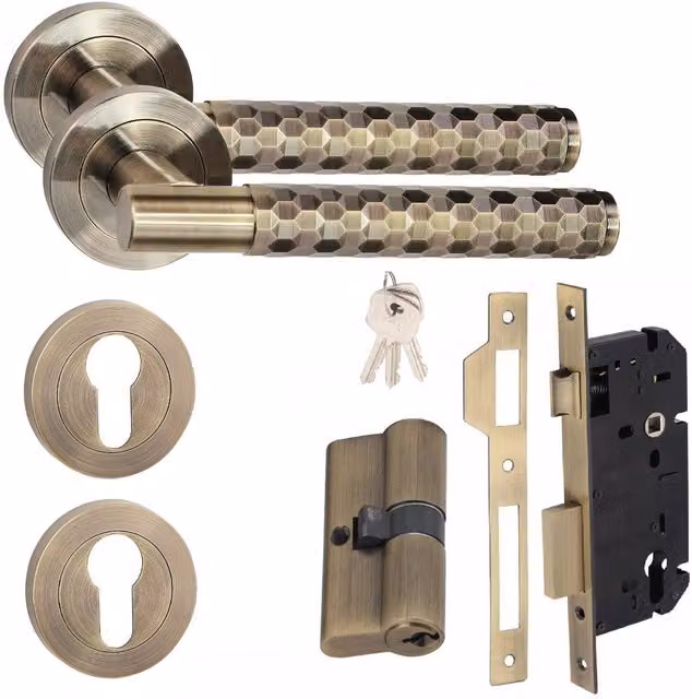 Golden Grace Brass T-Bar Euro Lock Door Handle Set with Key Barrel and Key in Gold and Bronze