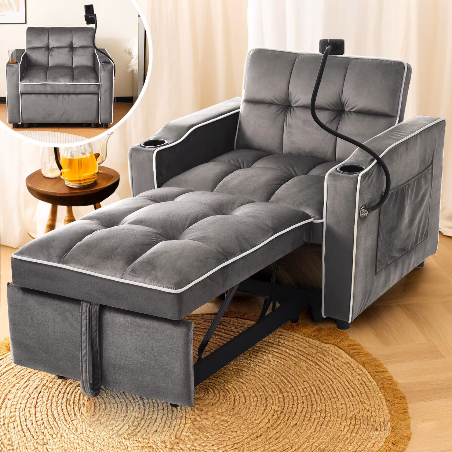 Aosom UK 3-in-1 Expandable Single Sofa Bed with 2 Drink Holders and Phone Holder, Dark Grey Recliner Chair, W/D/H: 167 x 83 x 76 cm – 5