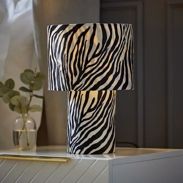 Nessa Zebra Pattern Velvet Table Lamp in White and Black