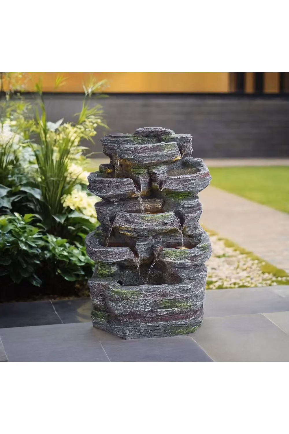 Garden Sanctuary Grey Faux Rockery Outdoor Cascade Water Fountain with Solar-Powered Lights W/D/H: 45 x 28 x 23 cm – 2