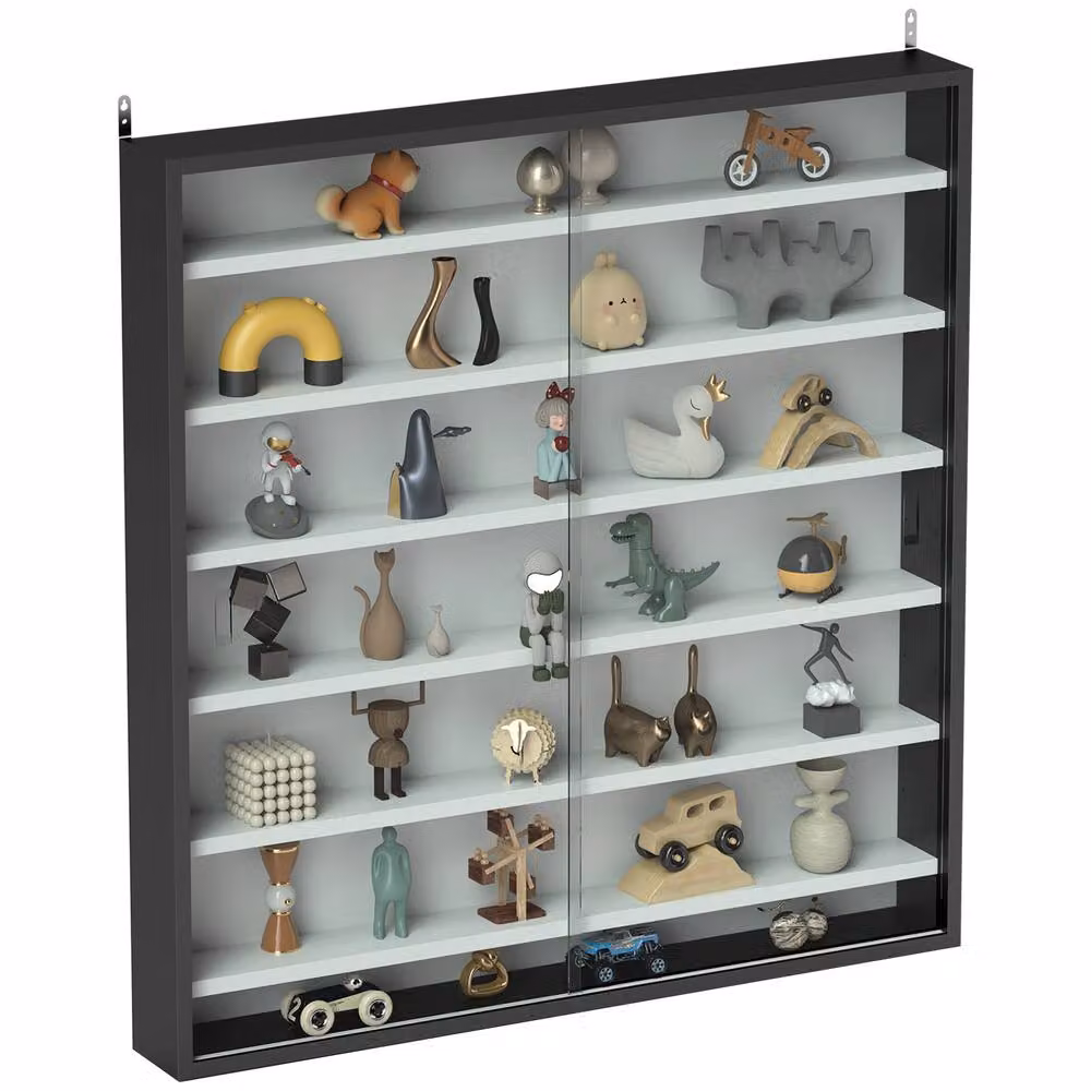 HOMCOM Classic Wall Mounted 7-Tier Display Cabinet with Glass Doors and Internal Shelves in Black and Multicolour – 2