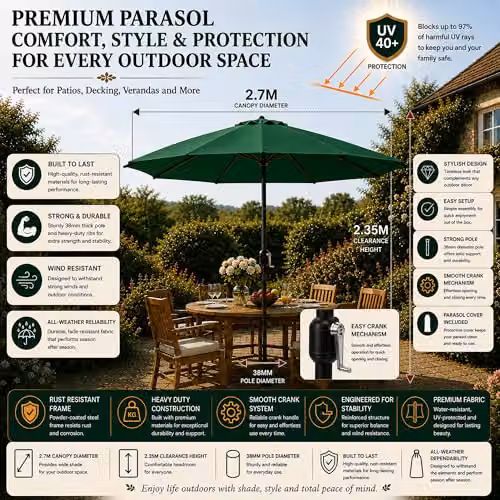 GlamHaus Green Garden Parasol with UV40+ Protection and Aluminium Frame, Diameter: 2.7 m – 2