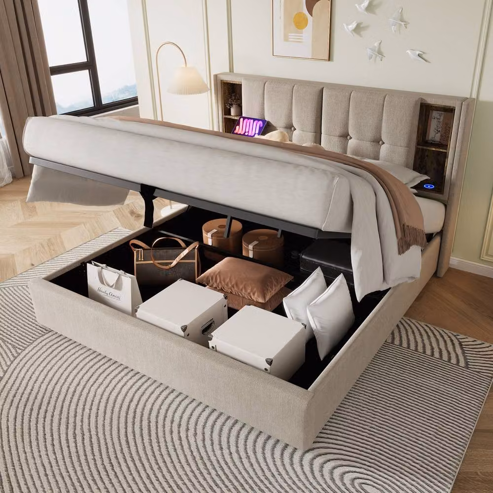 ModernLuxe Upholstered Ottoman Bed with Storage Headboard and USB Charging Port in Sand Beige, Super King, W/D/H: 180 x 200 cm – 4
