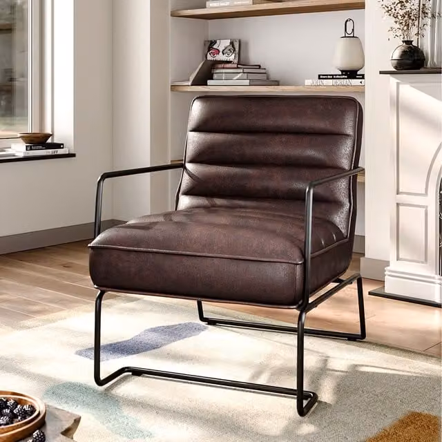 Livingandhome Mid-Century Brown Synthetic Leather Armchair with Metal Frame