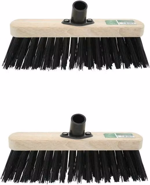 BARGAINS-GALORE Pack of 2 Black Stiff Bristle Hard Yard Broom Heads with Wooden Handles, Width: 30.48 cm