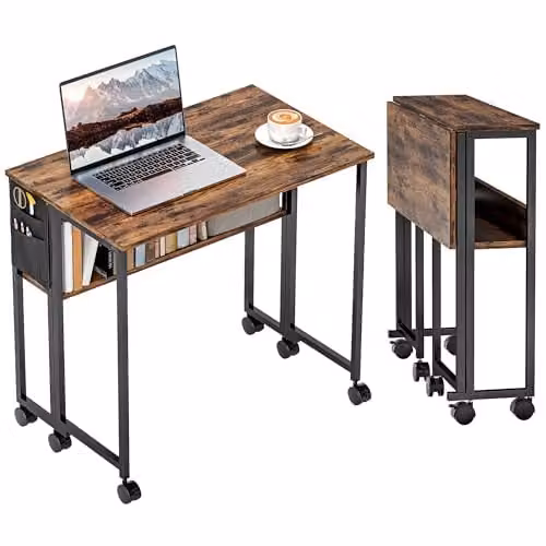 HOMCOM Folding Writing Desk with Storage Shelf and Bag in Rustic Brown – 1