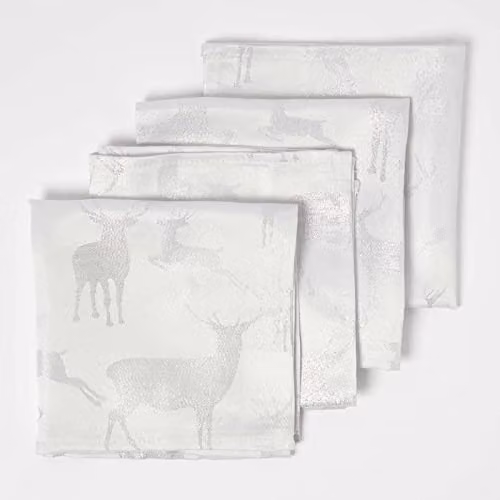 Homescapes Set of 4 Silver Christmas Napkins with Graphic Stag Pattern