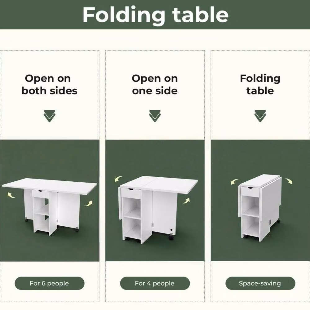 NESTLUNE White Foldable Drop Leaf Dining Table with Castors and Storage Shelf, W: 100 cm, D: 15 cm – 2