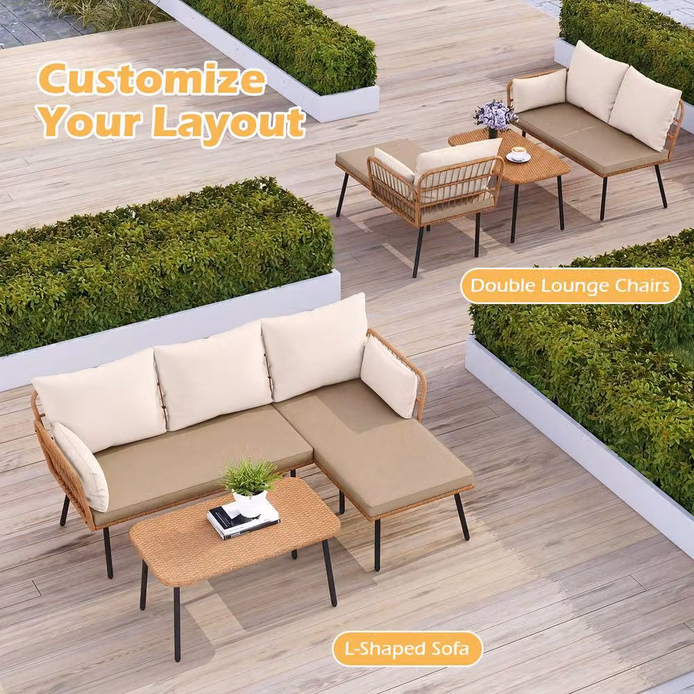 Costway 3-Piece Rattan Patio Sectional Sofa and Coffee Table Set in Brown – 5