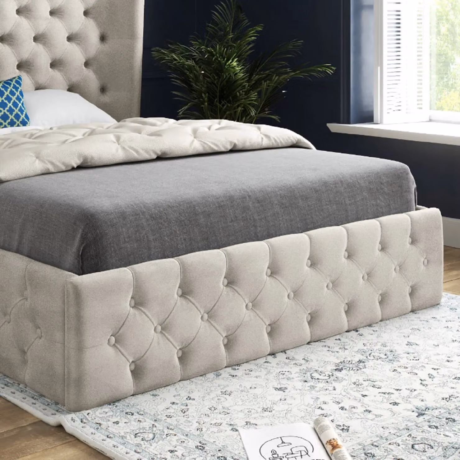 Casani Florence Upholstered Velvet Bed Frame in Beige, W/D/H: 137 x 90 x 128 cm – 3
