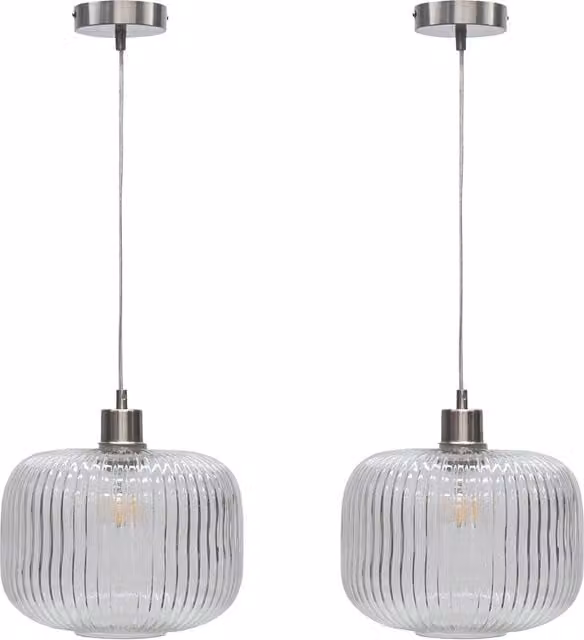 First Choice Lighting Batley Large Set of 2 Pendant Lights with Transparent Ribbed Glass and Silver Satin Nickel Finish – 1